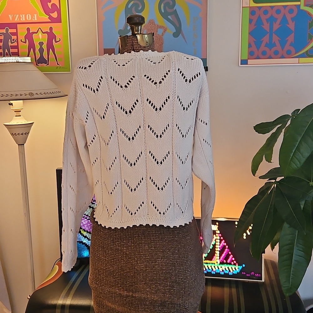 Vintage 1980s Womens Liz Claiborne Pointelle Knit Cotton Cardigan Sweater Sz Med - Picture 4 of 6